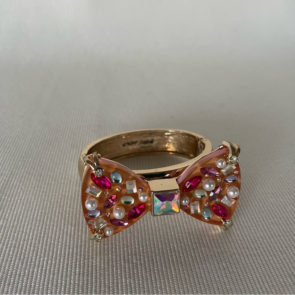 NWT Betsey Johnson Pink-Gold Bejeweled Bow Hinge Bracelet